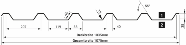 Querschnitt Zeichnung T 35 207 alle Maße Abstände Höhen