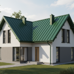 Trapezblech T 20 B in RAL 6020 Oxidgrün auf einem Satteldach mit Kehle von Blachotrapez