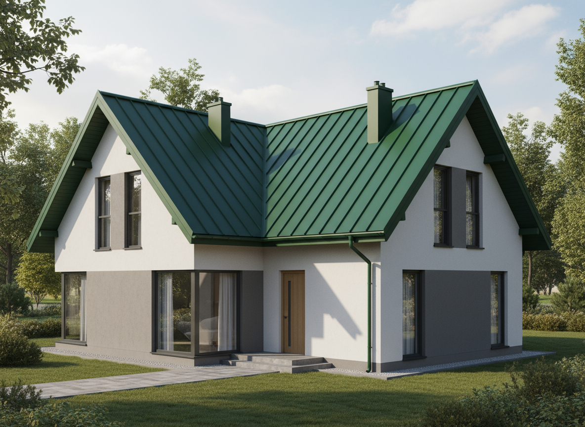 t20b_6020_dach_mockup Trapezblech T 20 B in RAL 6020 Oxidgrün auf einem Satteldach mit Kehle von Blachotrapez