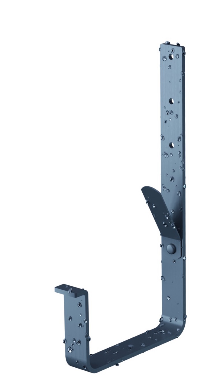 Rinnenhalter lang – quadratisch 7016 Rinnenhalter lang – quadratisch zur Befestigung der Polmetal Kastenrinne auf Dachsparren. Feuerverzinkt, in Anthrazit oder Schwarz, biegbar für Dachneigung, mit Fräsrille zu montieren.