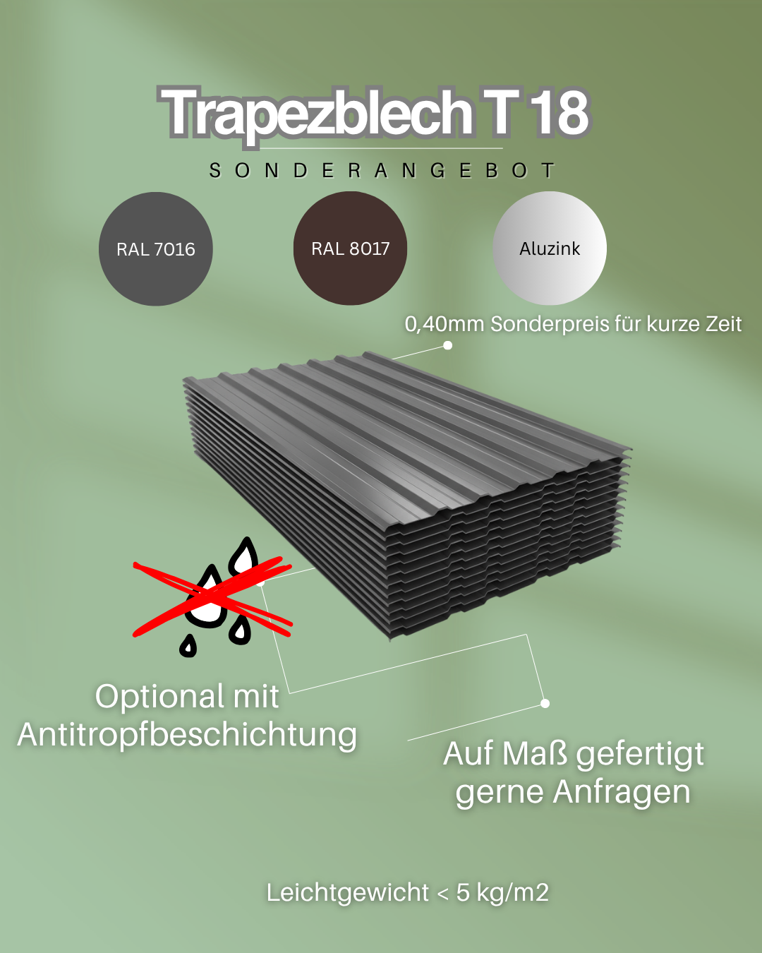 Sonderposten Trapezblech T 18 Plus 0,40mm SONDERPOSTEN Trapezblech T 18 Plus | Dach | 0,40 mm | Stahl | Aluzink, 25 µm Polyester