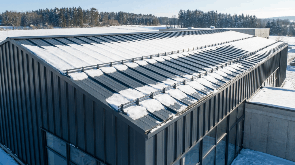 Trapezblech und Sandwichplatten auf Schneebedecktem Dach eines modernen Gebäude