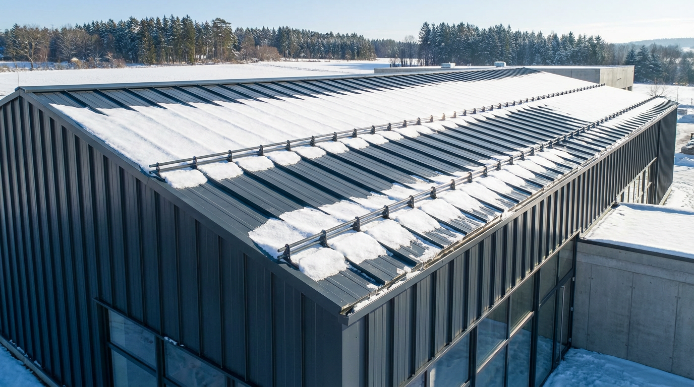 Trapezblech und Sandwichplatten auf Schneebedecktem Dach eines modernen Gebäude