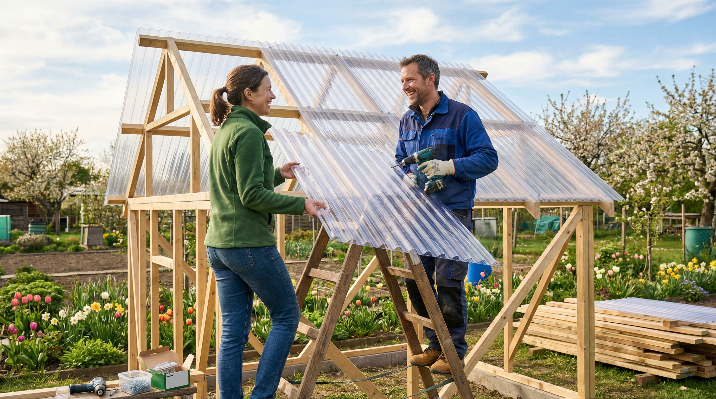 Gewächshaus mit Dachblech Carport Bau im Frühling