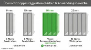 Der ultimative Doppelstegplatten-Ratgeber: Alle Fragen, alle Antworten 3 Übersicht Doppelstegplatten-Stärken und Anwendungsbereiche