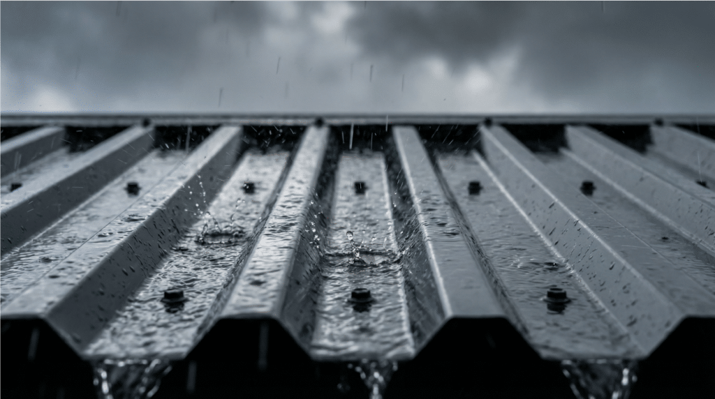 Nahaufnahme von Regentropfen auf einem anthrazitfarbenen Trapezblech-Dach – Wie laut ist ein Blechdach bei Regen wirklich?