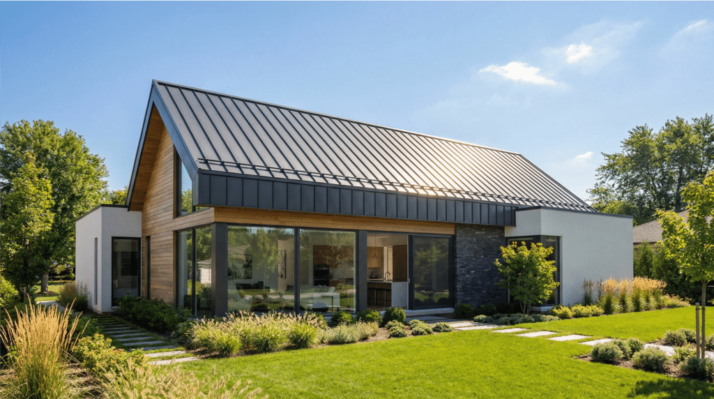 Modernes Einfamilienhaus mit elegantem anthrazitfarbenem Stehfalz-Metalldach und großen Fenstern – Metalldach für Wohngebäude