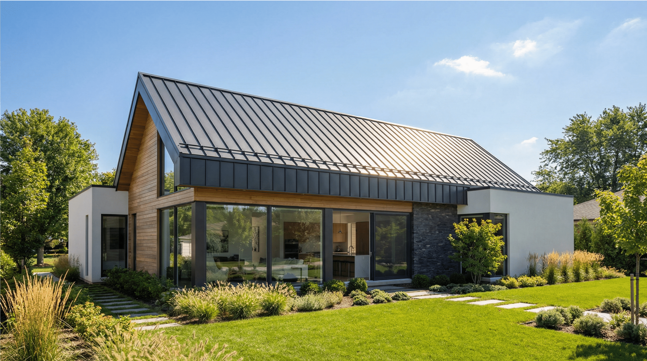 Modernes Einfamilienhaus mit elegantem anthrazitfarbenem Stehfalz-Metalldach und großen Fenstern – Metalldach für Wohngebäude