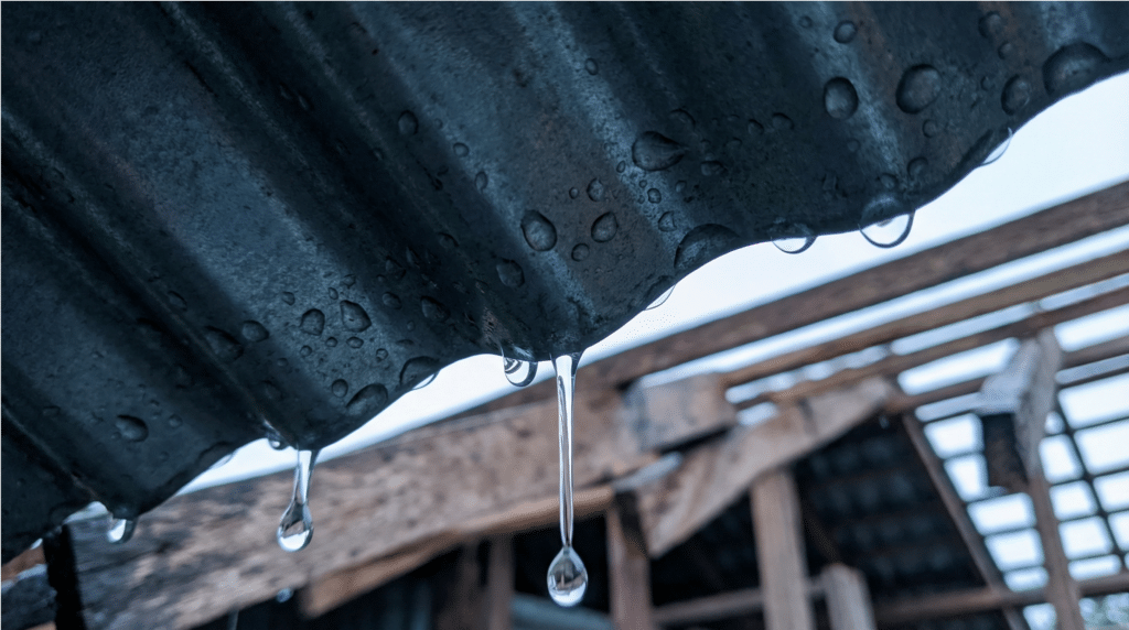 Nahaufnahme von Kondenswassertropfen an der Unterseite eines Trapezbleches – Kondenswasser unter dem Blechdach vermeiden