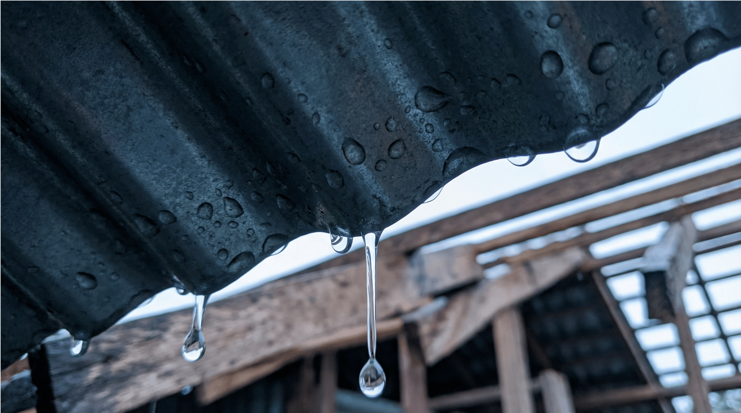 Nahaufnahme von Kondenswassertropfen an der Unterseite eines Trapezbleches – Kondenswasser unter dem Blechdach vermeiden