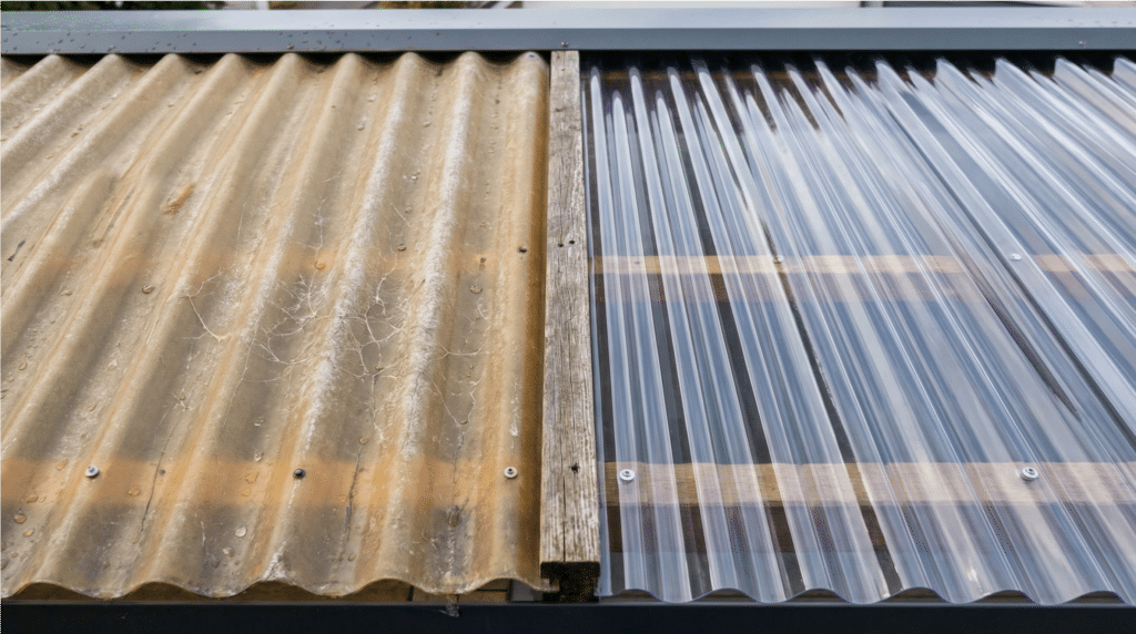 Vergleich einer vergilbten und einer klaren Polycarbonat-Lichtplatte auf Carport-Dach – UV-Schutzseite falsch montiert