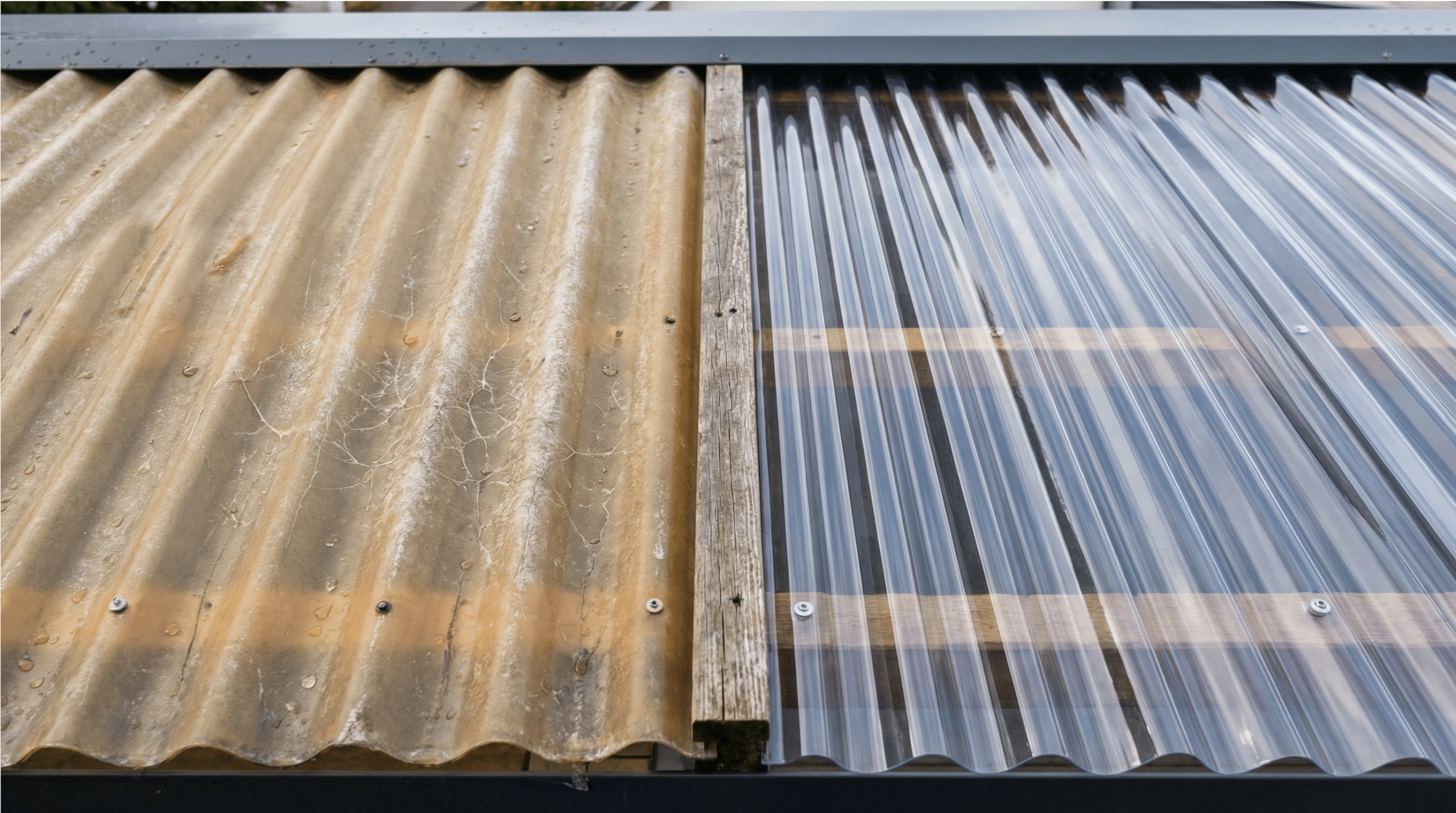 Vergleich einer vergilbten und einer klaren Polycarbonat-Lichtplatte auf Carport-Dach – UV-Schutzseite falsch montiert