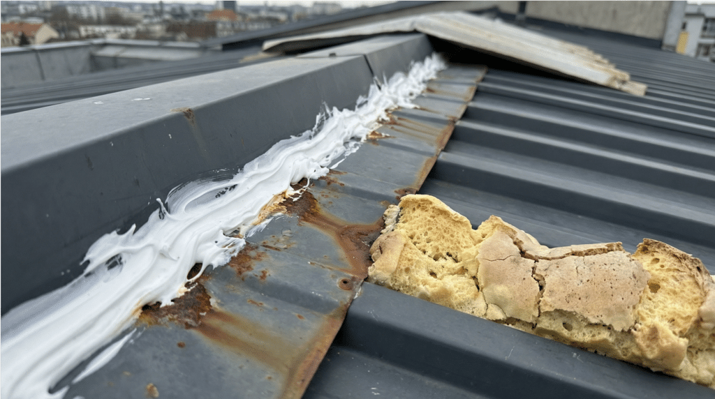 Nahaufnahme einer Silikon-Abdichtung auf verzinktem Trapezblech mit beginnender Korrosion unter dem Silikon – falsche Abdichtungsmethode