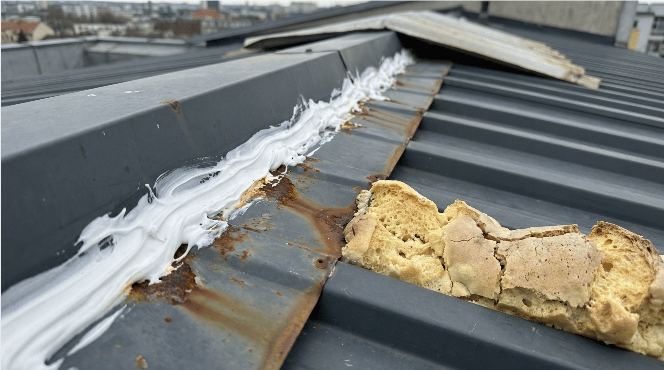 Nahaufnahme einer Silikon-Abdichtung auf verzinktem Trapezblech mit beginnender Korrosion unter dem Silikon – falsche Abdichtungsmethode