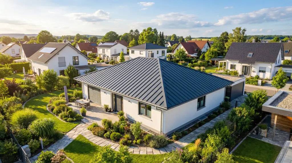 Bungalow in Anthrazit mit Trapezblech bedeckt mit Firstblech und Dachrinne