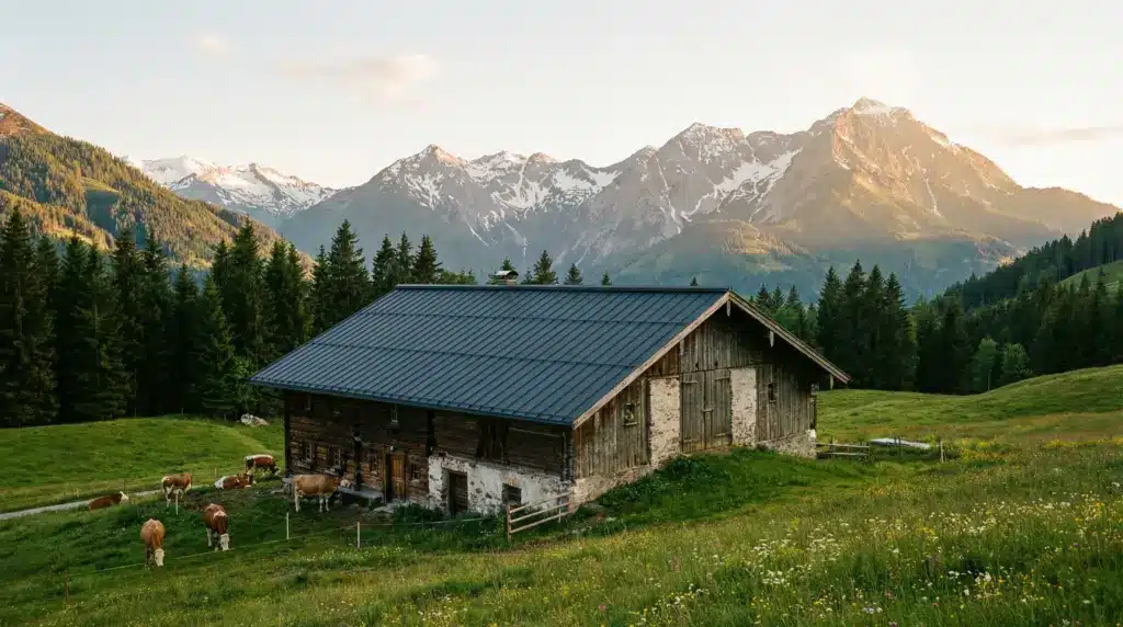 Almhütte mit Kühen und Bergen Trapezblech online in Österreich kaufen? Ihr Ratgeber zu Schneelast (ÖNORM), Lieferung & Preisen. Hochwertige Bleche für Dach & Wand direkt vom Hersteller