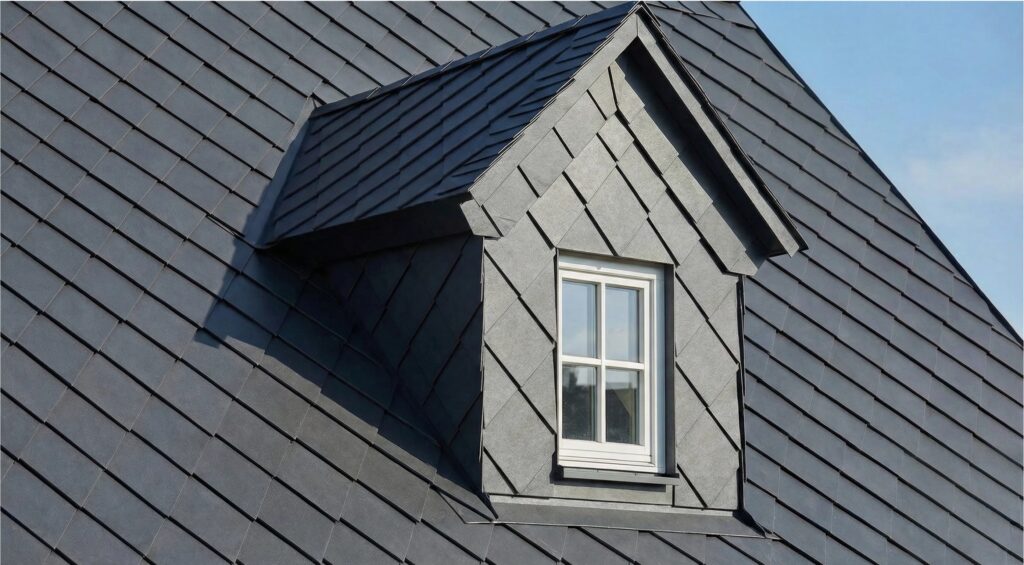 Dachgaube eines Wohnhauses mit anthrazitfarbenen Karo Modulen in Schieferoptik – die rautenförmigen Metalldachschindeln erzeugen ein elegantes Muster auf dem Steildach, blauer Himmel im Hintergrund