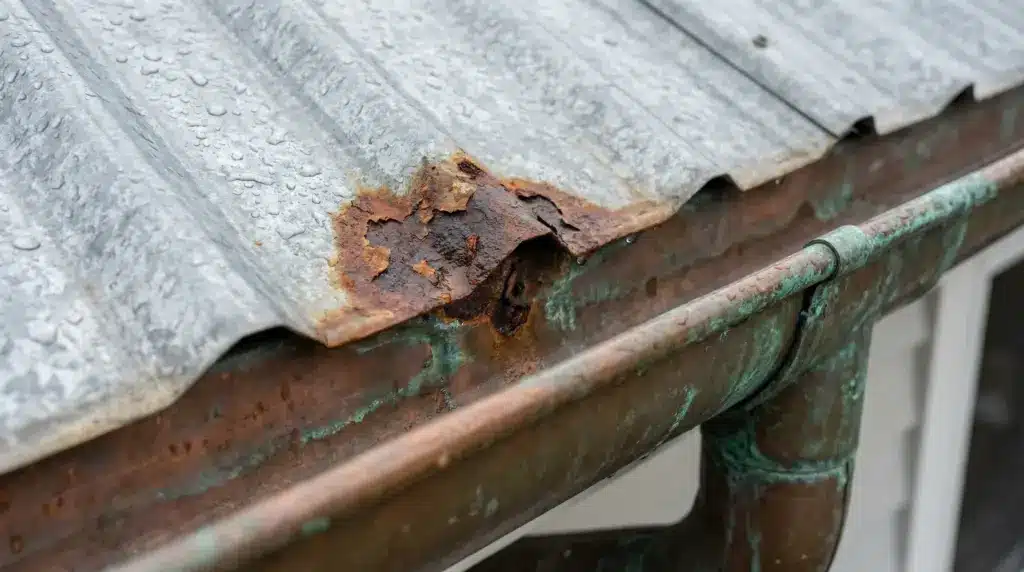 Nahaufnahme von Korrosionsschäden an einem Metalldach durch Kontaktkorrosion – grünliche Verfärbungen und Lochfraß an verzinktem Stahl neben Kupferbauteilen